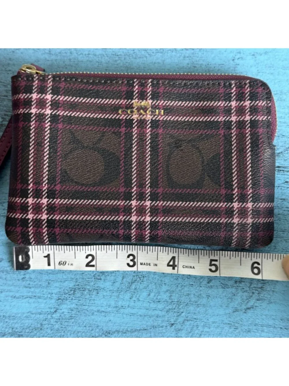COACH Plaid Wristlet Clutch w/ Signature Logo Print In Burgundy & Pink